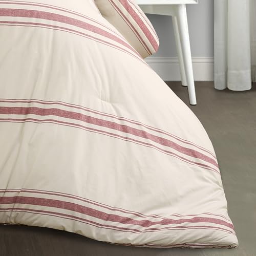 Lush Decor Farmhouse Stripe Reversible Cotton Comforter Set, 3 Piece Set, Full/ Queen, Red - Cozy Farmhouse Bedding Set - Rustic Decor - Striped Comforter - Modern Farmhouse Bedroom Decor Lush Decor