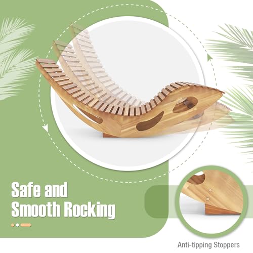 Tangkula Outdoor Double Chaise Lounge Chair, Acacia Wood Rocking Sunbed with Slatted Backrest and Seat, Wooden Loveseat Rocker for Patio, Garden and Poolside