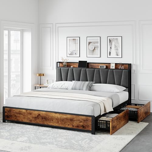 GarveeHome King Size Bed Frame with 4 Storage Drawers, Upholstered Storage Charging Headboard, Heavy Duty Metal Platform Bed Frame, Noise Free, No Box Spring Needed, Rustic Brown GarveeHome