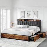 GarveeHome King Size Bed Frame with 4 Storage Drawers, Upholstered Storage Charging Headboard, Heavy Duty Metal Platform Bed Frame, Noise Free, No Box Spring Needed, Rustic Brown GarveeHome