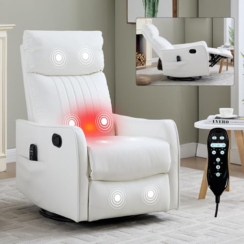 High Back Massage Recliner with Heat - Swivel Rocking Chair for Small Spaces, Manual Lazy Boy Recliner for Adults, Perfect for Living Room & Bedroom, Soft Fabric (White) HomJoones