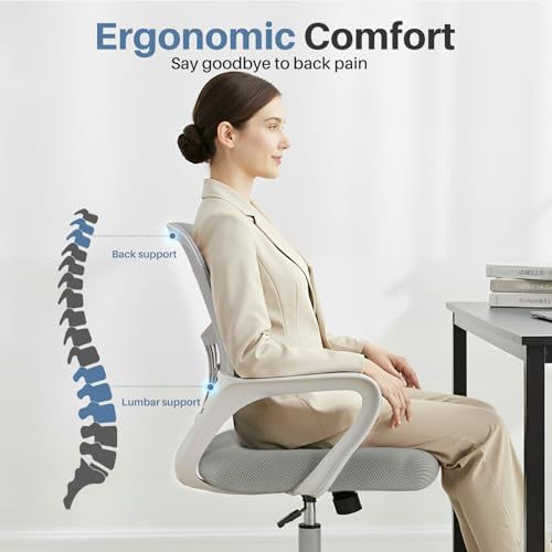 DUMOS Home Office Computer Chair - Ergonomic Mid Back Desk with Lumbar Support and Rocking Mode, Height Adjustable with Fixed Armrest, for Conference Meeting Room, 360° Swivel, Adults, Grey DUMOS