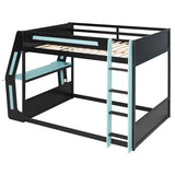 SOFTSEA Full Size Gaming Loft Bed with Desk, LED Lights & Charging Station, Wood Full Gaming Bunk Bed with Desk and Storage Shelves for Kids Teens Adults, Black & Blue SOFTSEA