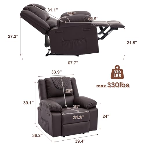Manual Recliner Chair for Adults - 135° Front & Rear Adjustable, with Heating & Massage, Side Storage Pockets & Remote Control, Ideal for Living Room & Bedroom(Coffee)