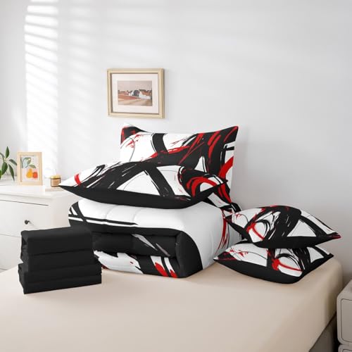 Feelyou Abstract Art 7 Piece Bedding Set Queen Size Kids Red Black Modern Geometric Print Bed in a Bag for Boys Girls Teens Minimalist Ink Line Comforter Set with Sheets Soft Microfiber Feelyou