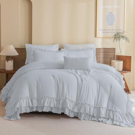 Masaca Ruffled Comforter Set for Queen Bed,3 Pieces Vintage Farmhouse Shabby Bedding Set Lightweight Ultra Soft French Country Bedding (1 Cornflower Blue Comforter +2 Pillowcases) Masaca