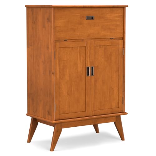 SIMPLIHOME Draper SOLID HARDWOOD Mid Century Modern 32 inch Wide Bar Cabinet in Teak Brown for The Living room, dining room and kitchen SIMPLIHOME