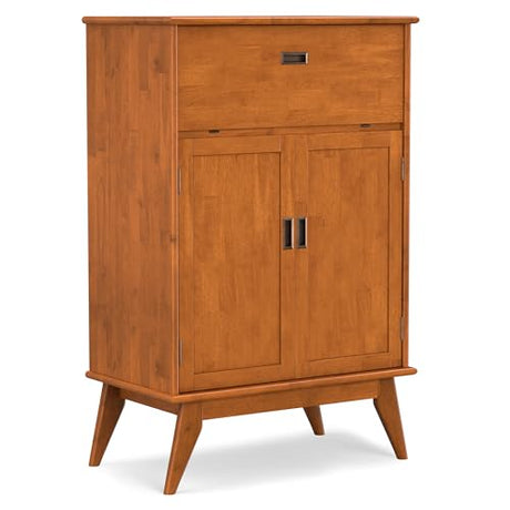 SIMPLIHOME Draper SOLID HARDWOOD Mid Century Modern 32 inch Wide Bar Cabinet in Teak Brown for The Living room, dining room and kitchen SIMPLIHOME