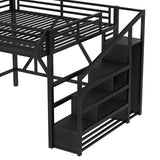 Bellemave Queen Loft Bed with Storage Stairs, Shelves and Built-in Wardrobe, Metal Loft Bed Frame with USB Ports and LED Lights, Noise-Reduced Design, Black Woodgrain Bellemave