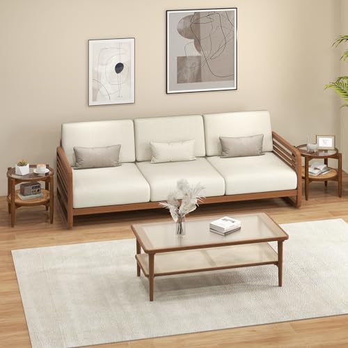 Giantex Rattan Round End Table, Walnut Boho Nightstand with Tempered Glass Top and Acacia Wood Legs, 2-Tier Side Table with Storage, Bedside Tables for Small Spaces Living Room Bedroom Giantex