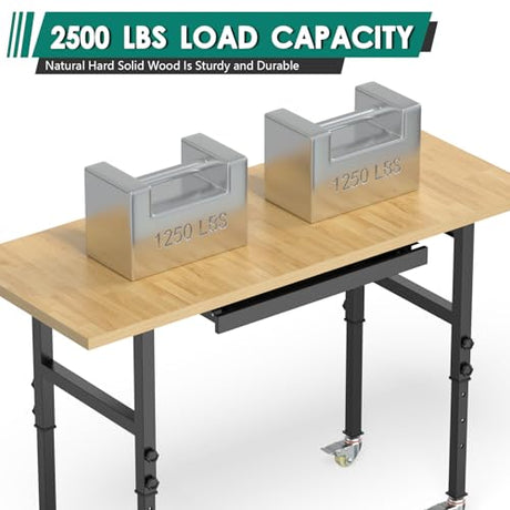 Adjustable Heavy Duty Workbench with Drawers, Metal Wheels Wood Top Working Table, 2500 LBS Load Capacity with for Workshop and Office,etc. DUSACOM