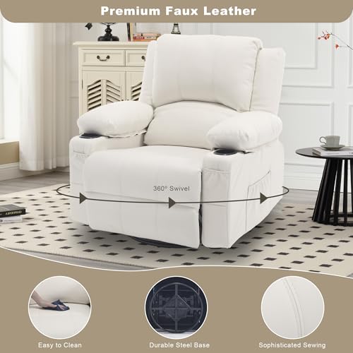 linting Leather Swivel Rocker Recliner Chair with Massage and Heat Overstuffed Manual Recliner Chairs with Cup Holders, Beige Rocking Glider Chairs