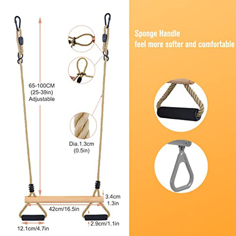 Wooden Trapeze Swing Bar with Gym Rings for Children's Swing Set Indoor Outdoor Garden,Yard,Playground YAERSI