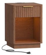 Akxomel Fluted Nightstand, Wooden Night Stand with Charging Station and LED Light, Modern Mid Century End Table with Drawer, 15" D x 15.7" W x 22.6" H, for Bedroom, Walnut Akxomel