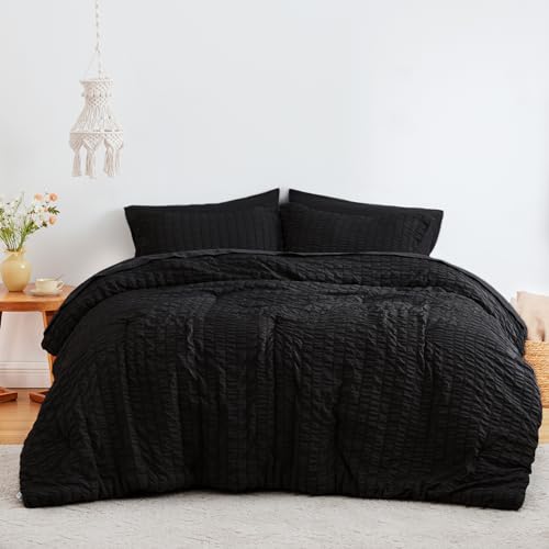Love's cabin Seersucker Black Twin Comforter Set, 5-Piece All Season Lightweight Bed in a Bag Bedding Set with Comforter, Flat Sheet, Fitted Sheet, Pillowcase and Sham Love's cabin