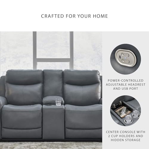 Signature Design by Ashley Mindanao Modern Leather Match Upholstered Power Reclining Loveseat with Console, USB Ports and Cup Holders, Gray Signature Design by Ashley