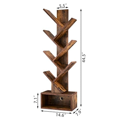 Hoctieon Rustic Brown 6-Tier Tree Bookshelf with Drawer - Stylish Freestanding Storage Solution for Home & Office - WoodArtSupply