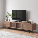 POVISON TV Stand, Solid Wood TV Cabinet for 80 85+ Inch TV, Assembly-Free 95'' Long TV Console for Living Room Bedroom, Modern Farmhouse Slatted POVISON