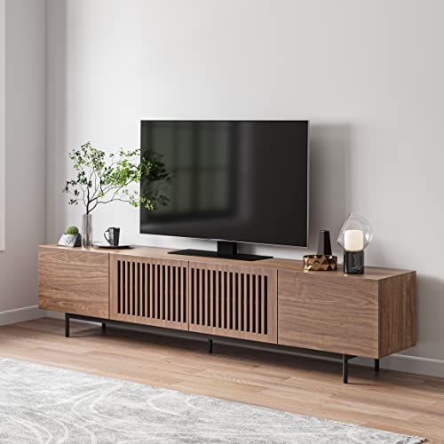 POVISON TV Stand, Solid Wood TV Cabinet for 80 85+ Inch TV, Assembly-Free 95'' Long TV Console for Living Room Bedroom, Modern Farmhouse Slatted - WoodArtSupply