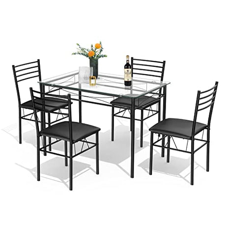 Tangkula Dining Table Set, 5 Pieces Dining Set with Tempered Glass Top Table and 4 Chairs, Kitchen Dining Room Furniture, Black Tangkula