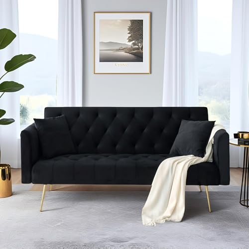 Anwick 72" Modern Velvet Sofa Bed Futon,Convertible Folding Sleeper Bed Couches with 3 Adjustable Backrests,Tufted Recliner Loveseat with Golden Chrome Legs for Small Living Room Office (Black) Anwick