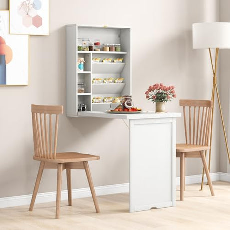 Tangkula Foldable Wall Mounted Desk, Floating Table with Storage Shelves & Hooks, Space-Saving Fold-Up Murphy Desk for Small Spaces, Home Office, Dorm Room Tangkula