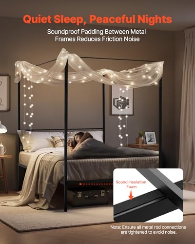 VEVOR Canopy Bed Frame Full Size, Metal Canopy Bed with Four Posters Design, Heavy Duty Steel Slats Support, Underbed Storage Space, No Box Spring Needed, Easy Assembly, Black