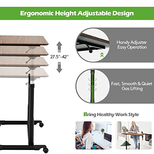 COSTWAY Mobile Height Adjustable Standing Desk, Compact Pneumatic Sit to Stand Computer Desk w/Lockable Casters, Ergonomic Rolling Laptop Table w/Steel Frame for Home Office (Espresso) COSTWAY