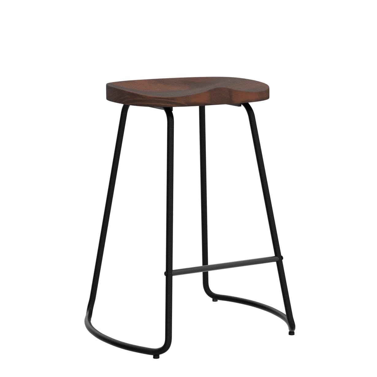 HeuGah Bar Stools, Solid Wood Barstools Set of 2, 26" Counter Height Bar Stools with Metal Leg, Rustic Backless Bar Stools for Kitchen Island, Bar Chairs with Solid Wood Saddle Seat (Walnut,  - WoodArtSupply