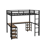 Sailret Full Metal Loft Bed with L-Shaped Desk and Shelves, Full Bed Frame with Ladder and Full-Length Guardrails, Space-Saving Bed for Bedroom, Black with Vintage Wood Desk Sailret