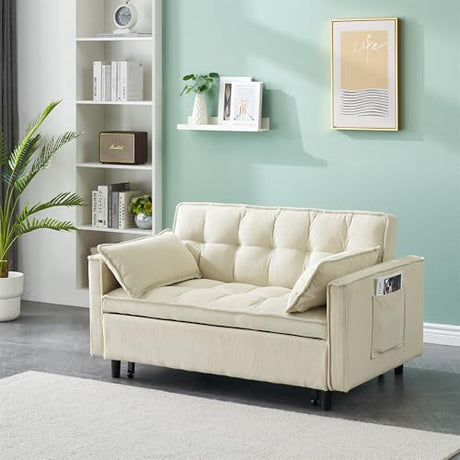 PBOGHLRD Modern Corduroy Loveseat Futon Sofa Couch with Pullout Bed, Small Lounge Sofa with Reclining Backrest, Folding Sleeper Sofa Bed for Living Room, Bedroom, Office, Apartment (Beige) PBOGHLRD