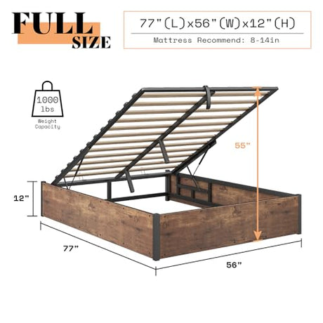AMERLIFE Lift Up Storage Bed, Full Bed Frame with Storage Underneath, Wooden Platform Bed Frame, Solid Wood Slats Support, No Fixed Headboard, No Box Spring Needed, Brown AMERLIFE