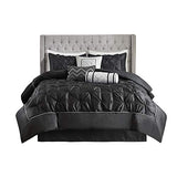 Madison Park Laurel Queen Size Bed Comforter Set Bed In A Bag - Black , Wrinkle Tufted Pleated – 7 Pieces Bedding Sets – Faux Silk Bedroom Comforters Madison Park