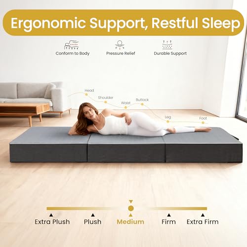 Tri Folding Mattress Twin Size - 6 Inch Dual-Layer Memory Foam Foldable Mattress Portable Futon Sofa Bed with Removable Washable Cover, Handle & Non-Slip Bottom for Guest, Camping, RV, Yoga, Home Use feliz home