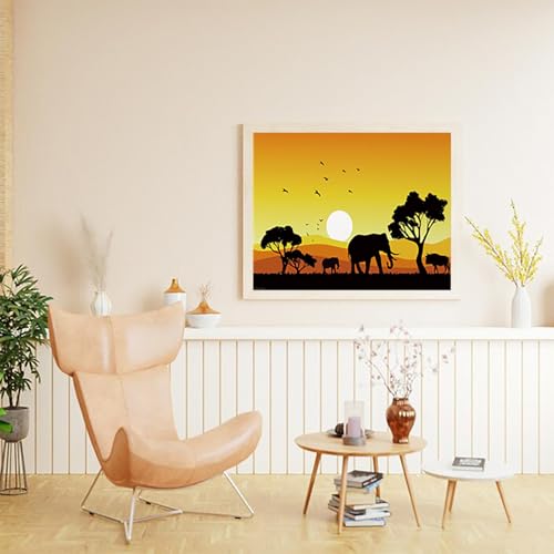 XTXGERL Paint by Number for Adults Beginner Students, African Sunset Landscape Wildlife Animal Elephant Paint by Numbers Kits on Canvas, Frameless DIY Oil Painting for Home Wall Decor 16x20 inch XTXGERL