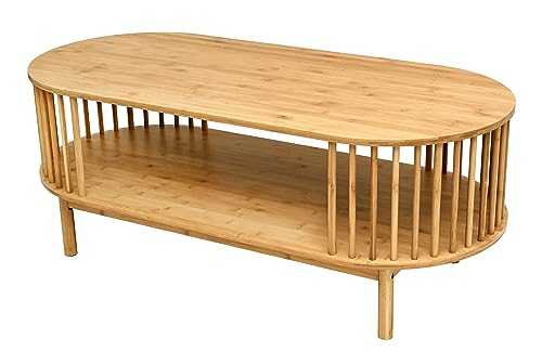 VaeFae Oval Coffee Table, Bamboo Coffee Table for Living Room, 2-Tier Wooden Farmhouse Center Table with Storage Shelf - WoodArtSupply