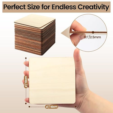 KUQQI 36Pcs 4x4 Inch Blank Unfinished Wood Pieces for Laser Engraving, Wood Carving, Painting, Coaster Making, and DIY Arts Craft Projects KUQQI