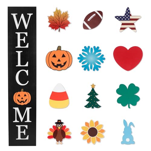 Interchangeable Welcome Sign for Front Porch- 45"X9" Large Standing/Hanging Wooden Sign with 12 PCS Replaceable Icons for Farmhouse Harvest Fall Halloween Thanksgiving Porch Wall Yard Decorations (Black)