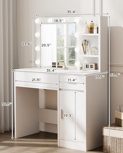 LIVELYGLOW Vanity Desk with Mirror and Lights, Makeup Vanity with Drawer & Storage Shelves, Cabinet, 3 Lighting Modes Adjustable Brightness, Bedroom Dressing Table, White LIVELYGLOW