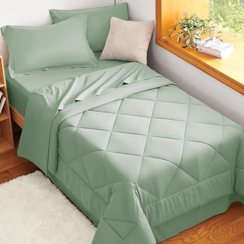 CozyLux Twin Comforter Set with Sheets Sage Green - 5 Pieces Bed in a Bag Twin, All Season Bed Set for Girls and Boys, Bedding Set with Down Alternative Comforter, Sheets, Pillowcase & Sham CozyLux