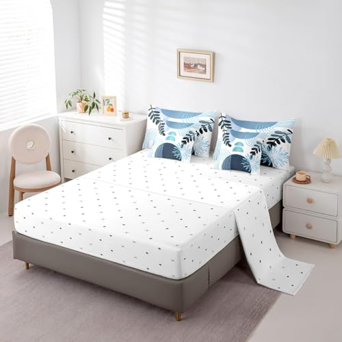 Boho Mid Century Bed in a Bag King Size Comforter Set 7 Pieces Abstract Geometric Modern Minimalist Bedding Sets,Geometric Line Art Sheet Set Circle Graphic Ombre Stripes Room Decor,Teal Blue Erosebridal