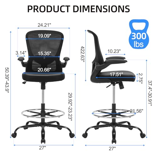 OLYFING Ergonomic Drafting Chair, Standing Desk Chair with Lumbar Support Tall Office Chair with Flip-Up Arms Footrest Ring, Breathable Mesh High Desk Chair with PU Leather Seat Cushion, Black OLYFING