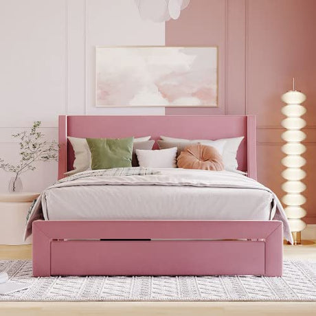Anwick Queen Size Storage Bed Frame Velvet Upholstered Platform Bed with a Big Drawer, Upholstered Bed Frame with Strong Wooden Slats, No Box Spring Needed, Easy Assembly (Pink, Queen) Anwick
