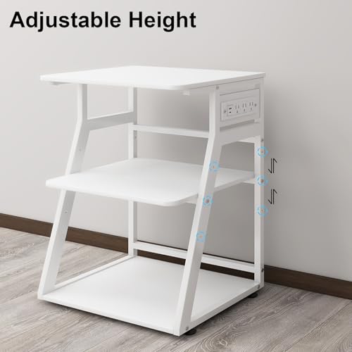 Natwind 23.6"x19.7" Large Printer Stand,3 Tier Printer Table with Charging Station, Rolling Cart with Adjustable Storage Shelf for Home Office Organization, Stand for Heat Press,3D Printer (White)
