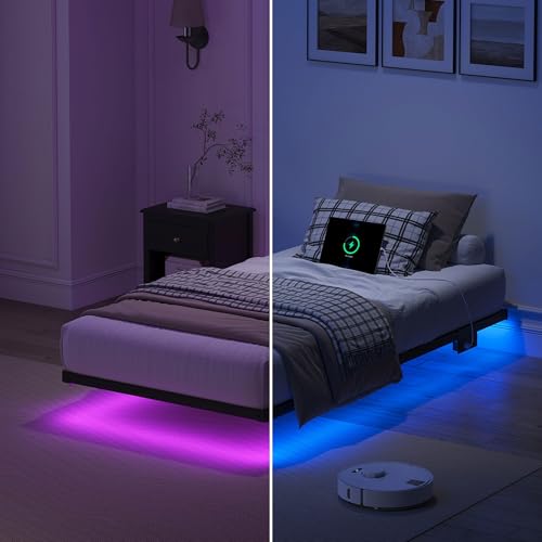 YORMDMO Floating Bed Frame Twin Size, Heavy Duty Bedframe with Smart LED Lights & Charging Station, Modern Metal Platform Bed, Easy Assembly No Box Spring Needed, 8 Inch YORMDMO