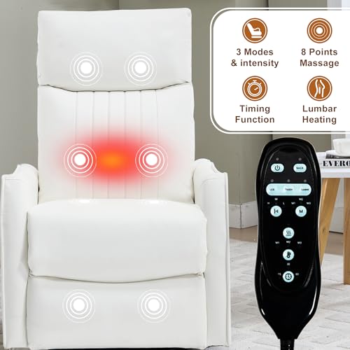 High Back Massage Recliner with Heat - Swivel Rocking Chair for Small Spaces, Manual Lazy Boy Recliner for Adults, Perfect for Living Room & Bedroom, Soft Fabric (White) HomJoones