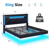 BYSAUD Floating Bed Frame with Hidden Storage in The Openable Marshmallow Headboard,King Size Bed Frame with Charging Station Including 2 Standard Sockets & Led Lights,PU Leather (King) BYSAUD