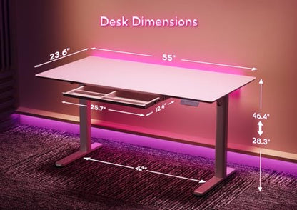 INNOVAR Glass Gaming Desk with Drawers, White Gaming Electric Standing Desk Adjustable Height, Professional Gaming Glass Surface Improved Precision and Speed, 55 inch - WoodArtSupply