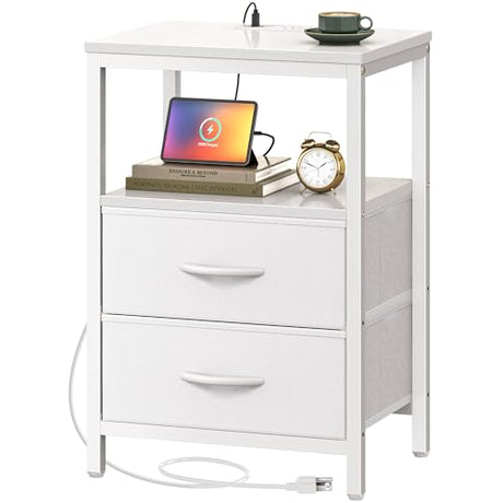 Huuger Nightstand with Charging Station, Side Table with 2 Fabric Drawers, End Table with Open Shelf, Bedside Table with USB-C Port and Outlets, Night Stand, PU Leather, White Huuger