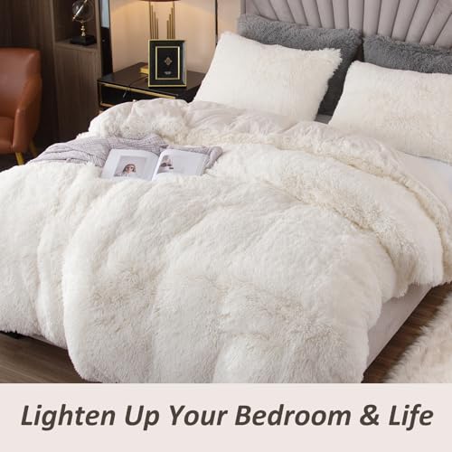 EMME Plush Shaggy White Duvet Cover Set Queen Size 3 Pieces Luxury Fuzzy Comforter Cover Set, Soft Faux Fur Fluffy Winter Bedding Set (White, Queen) EMME